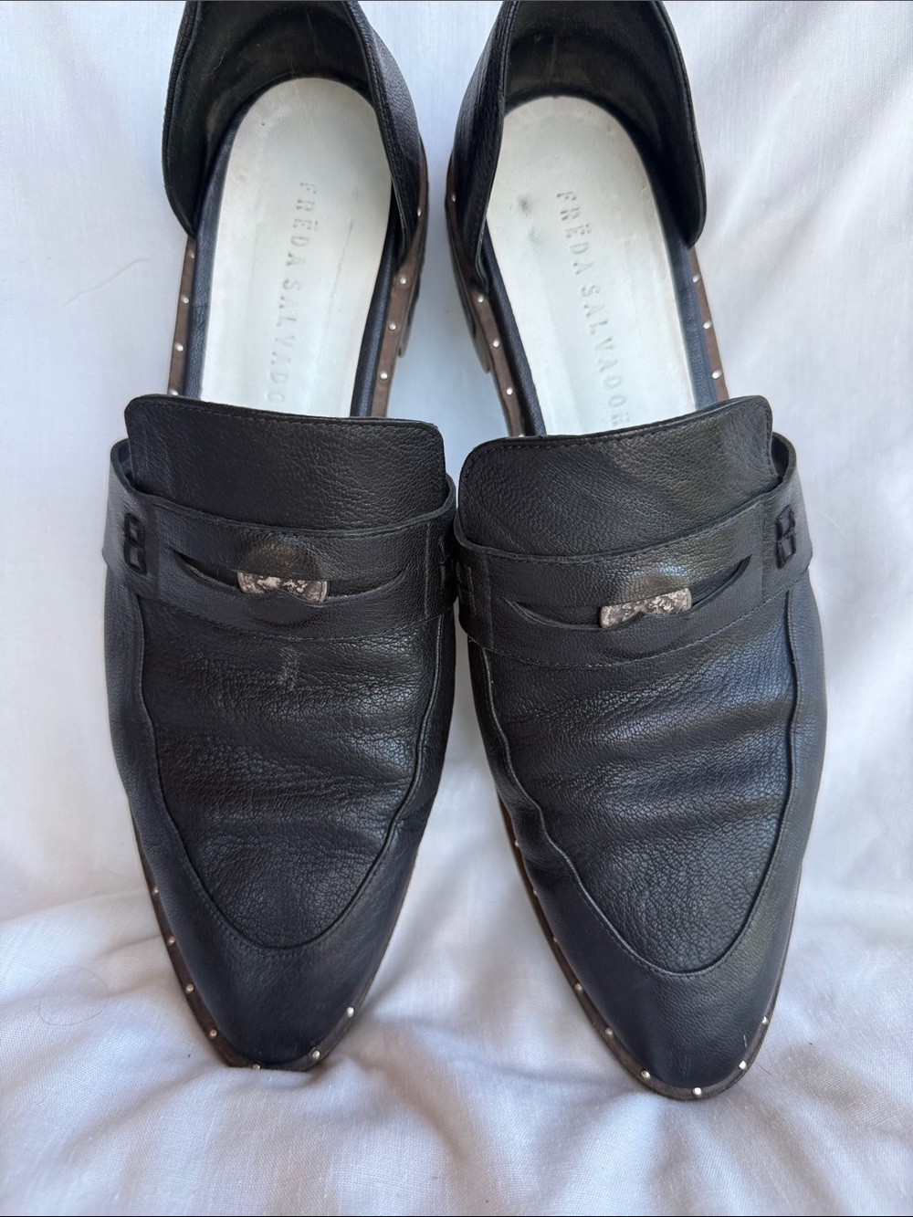 Freda Salvador Black Leather Stud-Trim Penny Loafers